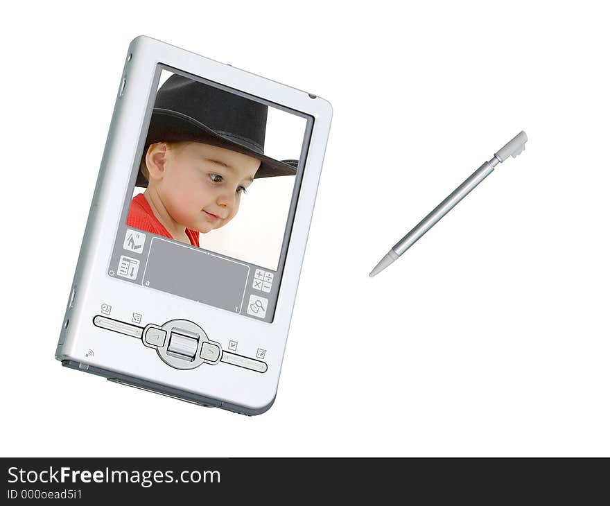 Silver palmtop (personal organizer) / digital camera over white with screenshot of toddler boy in black cowboy hat. Shot with the Canon 20D. Silver palmtop (personal organizer) / digital camera over white with screenshot of toddler boy in black cowboy hat. Shot with the Canon 20D.