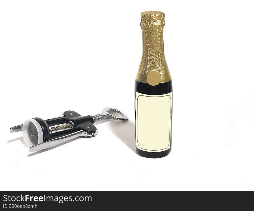 Bottle with blank label and corkscrew. Bottle with blank label and corkscrew