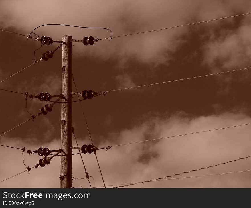 Sepia Power Lines With CLouds