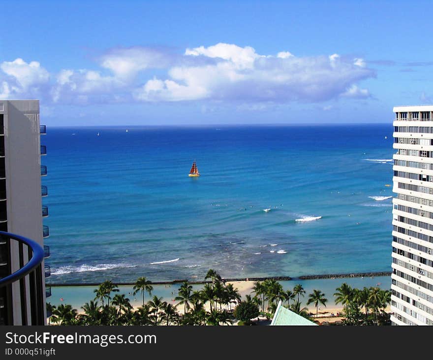 Sailboat in the ocean off of Waikiki Beach. Sailboat in the ocean off of Waikiki Beach