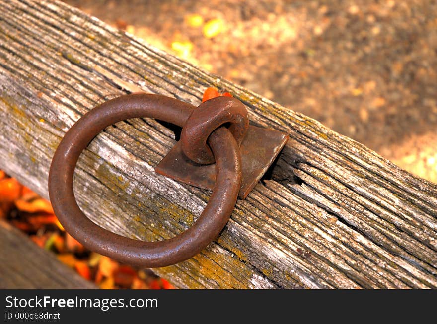 An old iron ring on rotting wood