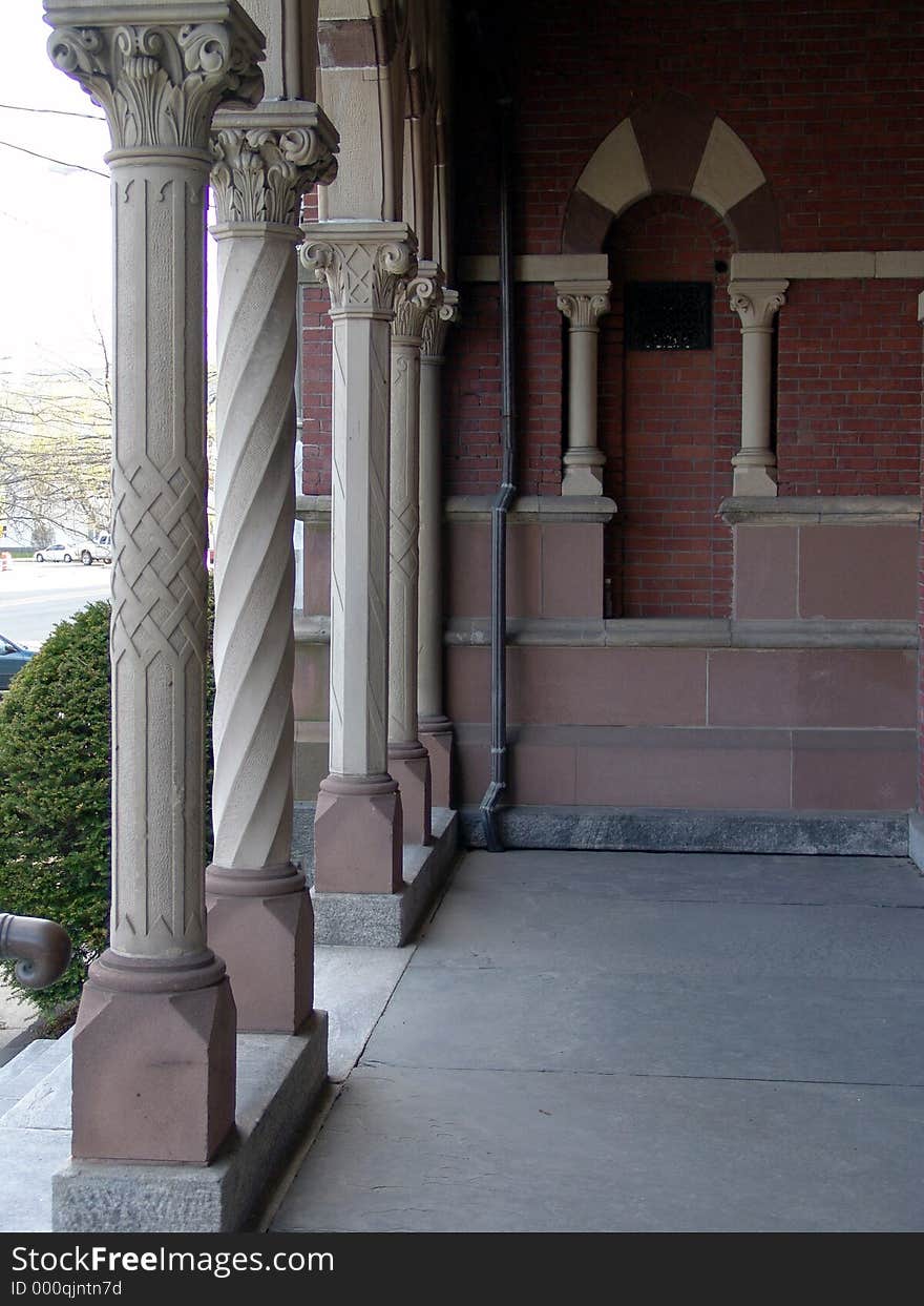 Detail of the entry of the easthampton town hall showing the variety of the columns, easthampton, massachusetts. Detail of the entry of the easthampton town hall showing the variety of the columns, easthampton, massachusetts