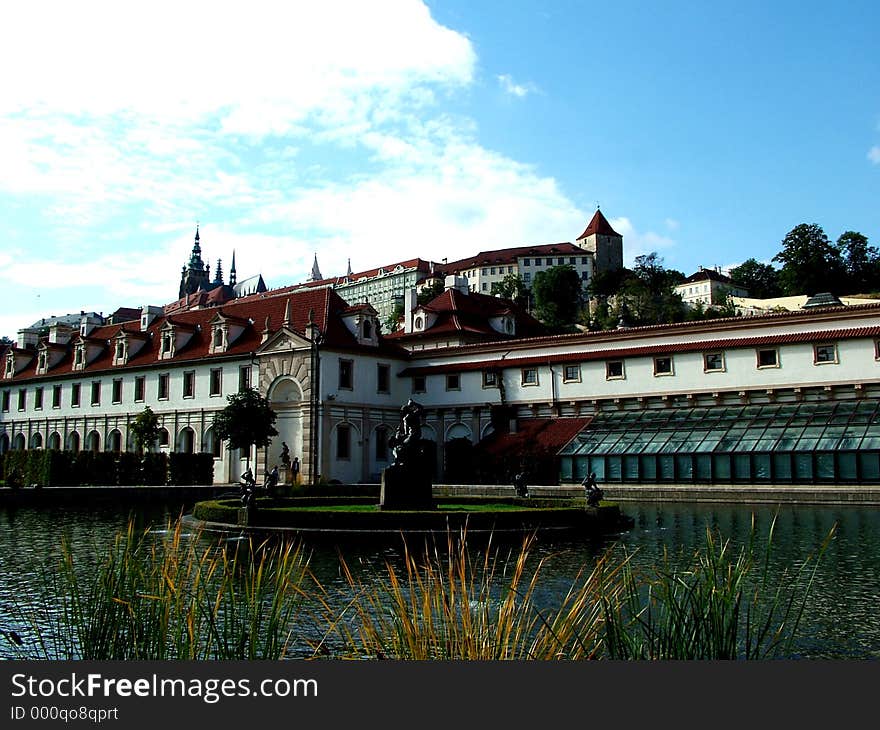 Digital photo of the inside of the Palace Waldstein in Prague with a little view on the Hradschin.