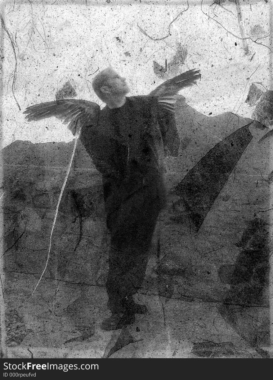 A fallen angel, holding his broken wings up behind his back, looks up hopefully and innocently towards the heavens. Photo based mix media image has extreme grain and textural qualities. Prints beautiful and solid. A fallen angel, holding his broken wings up behind his back, looks up hopefully and innocently towards the heavens. Photo based mix media image has extreme grain and textural qualities. Prints beautiful and solid.