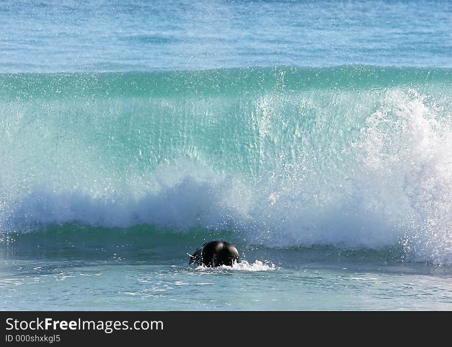 Surfer ducking under large breaking wave with bottom in the air!