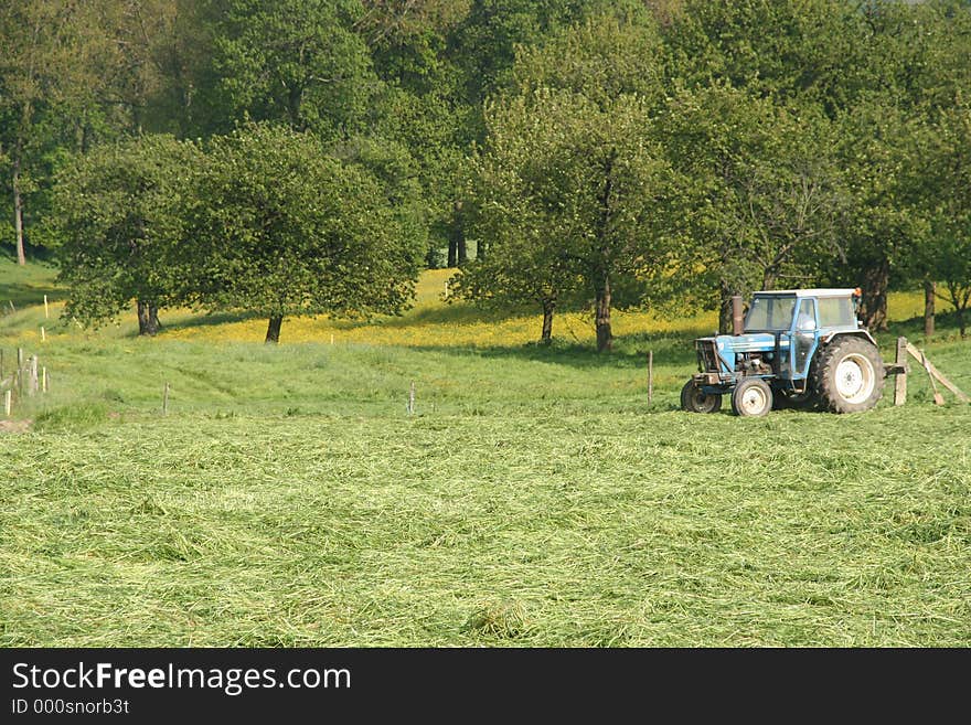 Tractor on green meadow. Trees on the background. Tractor on green meadow. Trees on the background