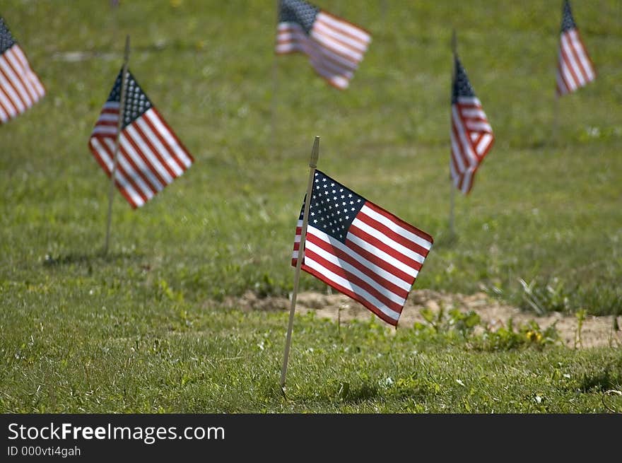 A memorial flag marking the grave of a veteran. A memorial flag marking the grave of a veteran