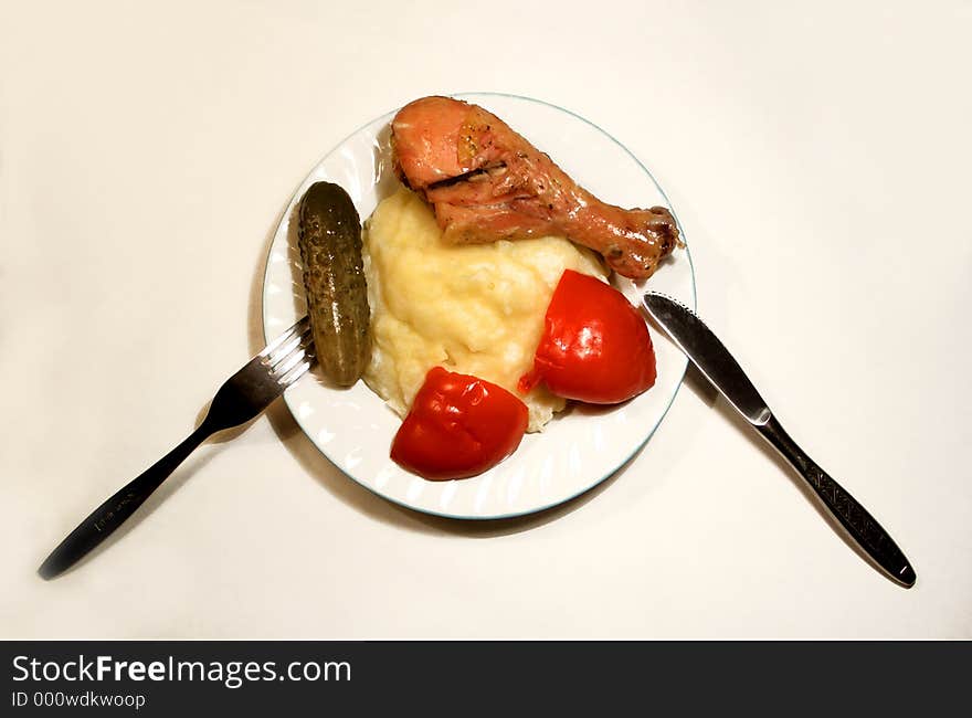 Here is a plate of food with meat, potatos, knife and furch. Here is a plate of food with meat, potatos, knife and furch.