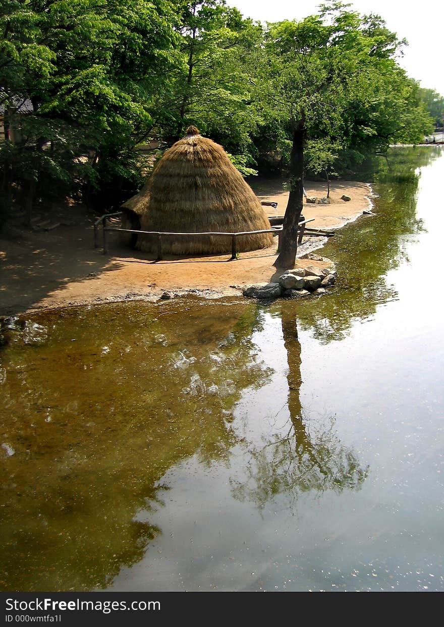 Peaceful reflection of traditional Korean architecture in spring