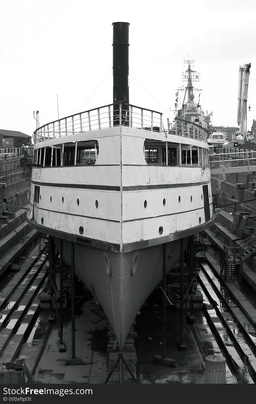 This is an image of a ship being restored at the shipyard. This is an image of a ship being restored at the shipyard