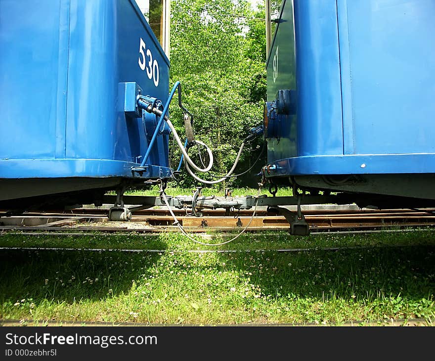 Blue tram cars