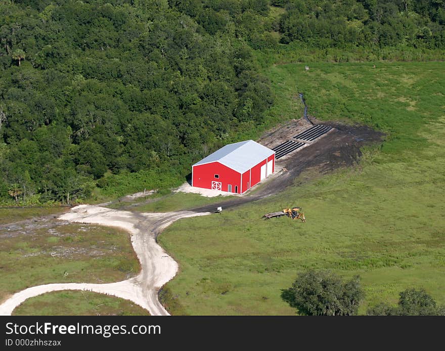 Aerial: red barn