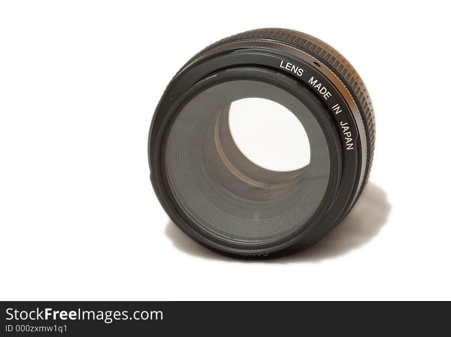 Front view of 50mm SLR lens isolated on white background. Front view of 50mm SLR lens isolated on white background