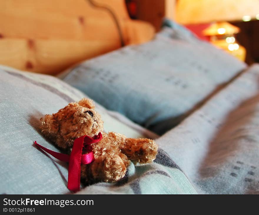 Little teddy bear asleep in his bed