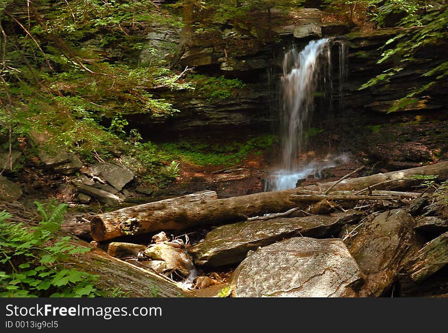 Small waterfall in a wooded setting.