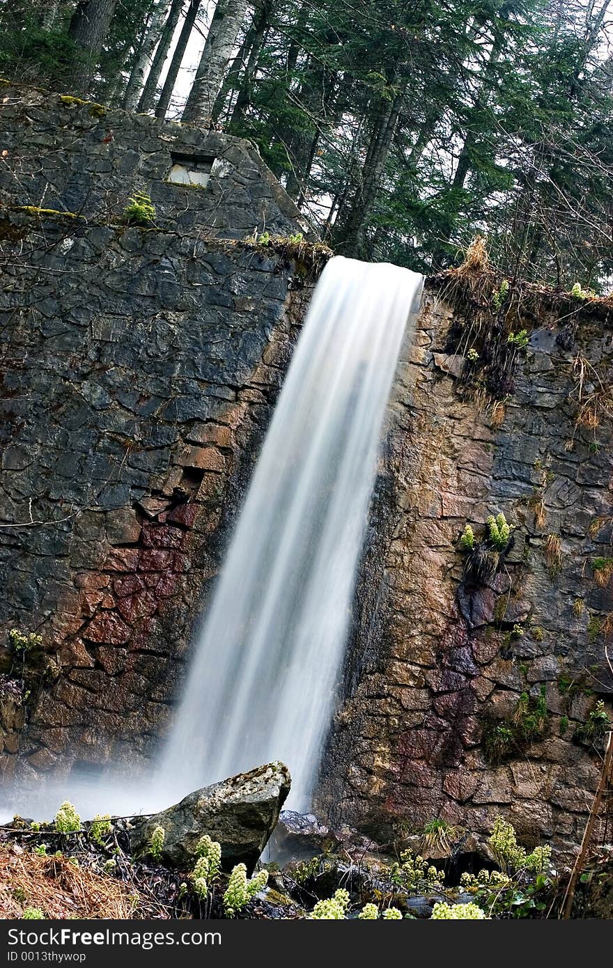 Waterfall falling over dam in pine tree forest