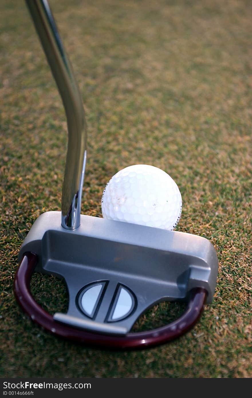 Putter and golfball on green being used. Putter and golfball on green being used