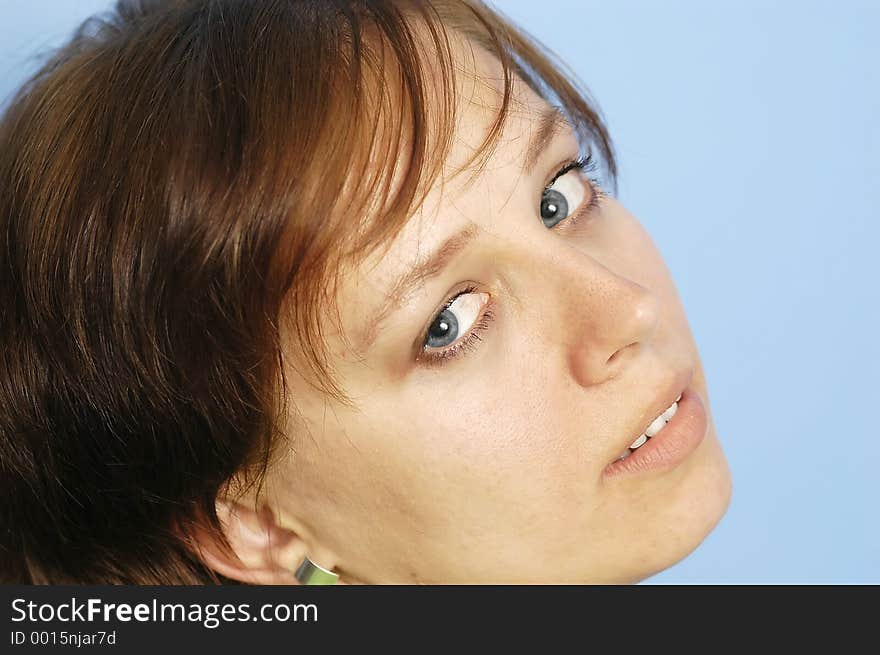 No make up, blue background. No make up, blue background