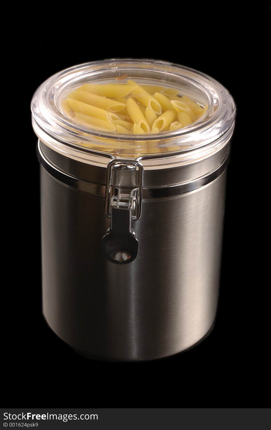 A stainless steel kitchen container with penne pasta