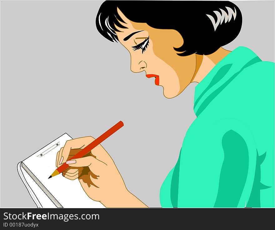 Graphic illustration of a lady secretary taking notes