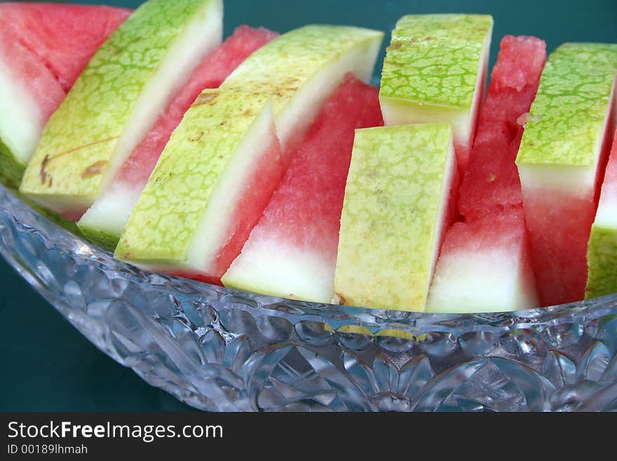 Slices of Watermelon in a Crystal Dish. Slices of Watermelon in a Crystal Dish