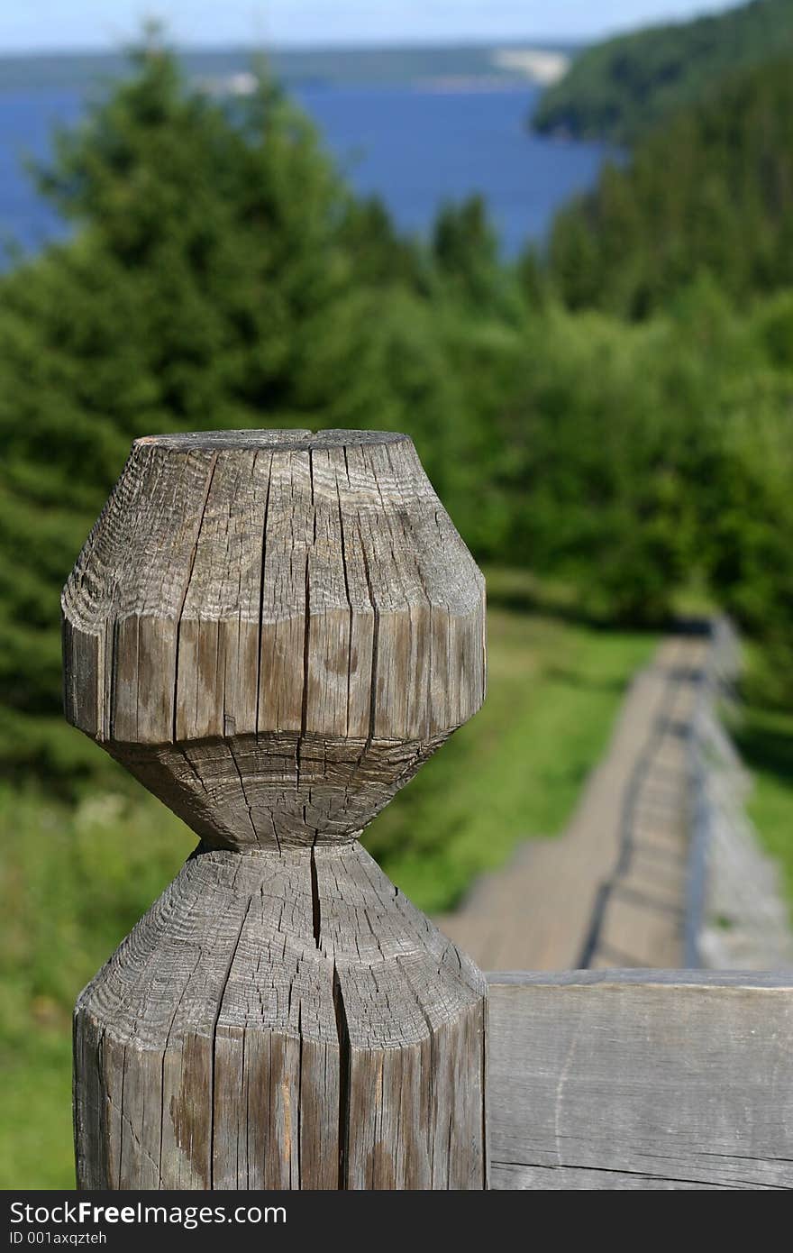 A part of wooden stairs in the ethnological museum of Russian wooden architecture Khokhlovka