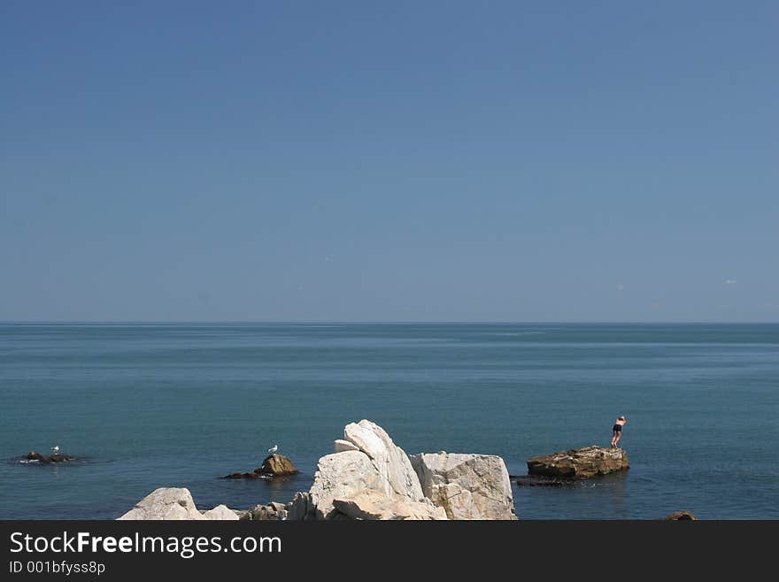 Sea-gulls and a swimmer