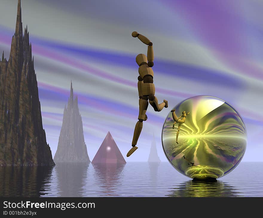 Manikin leaping from reflective sphere in fantastic landscape