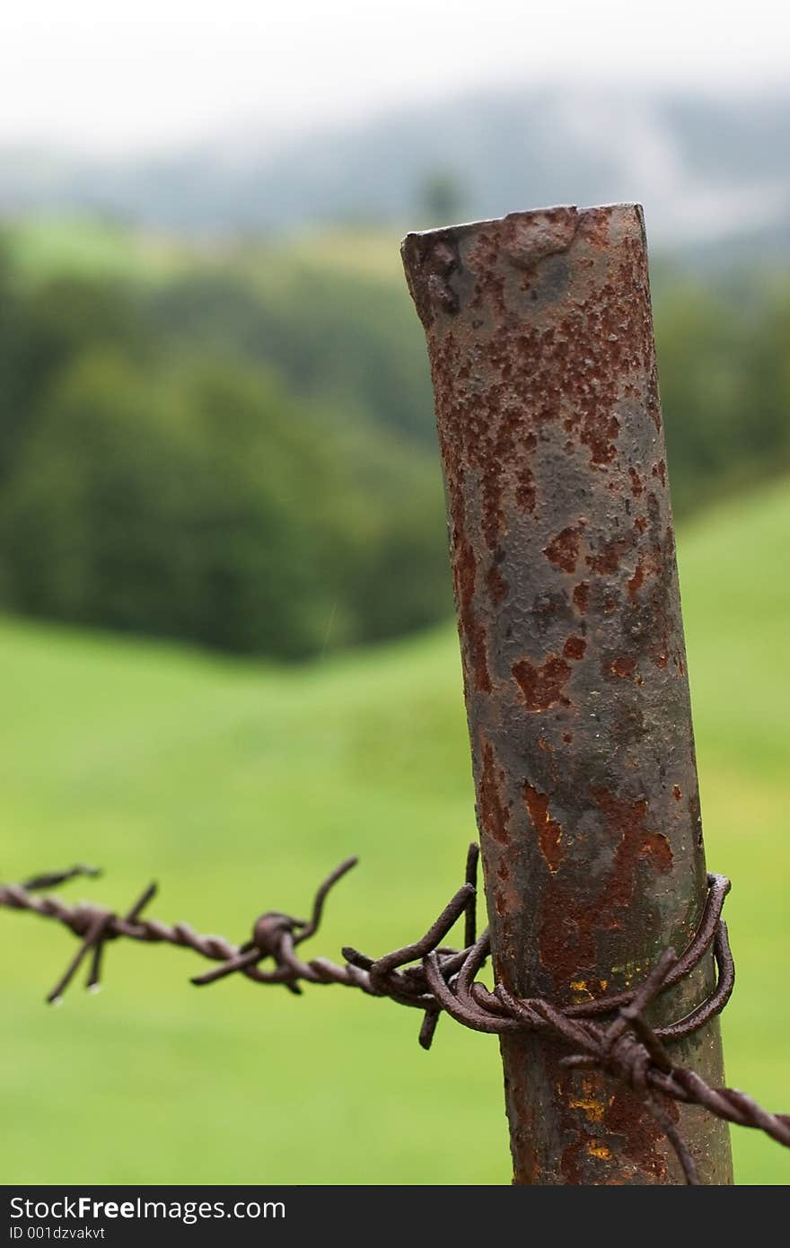 Rusty metal post with barb wire