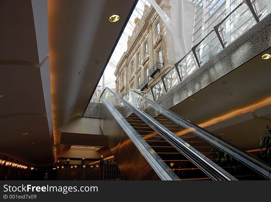 View up an escalator, from below. View up an escalator, from below