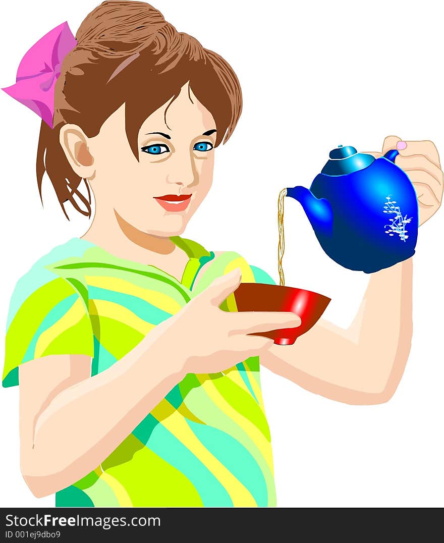 Digital illustration of a girl pouring tea, painted in the computer.