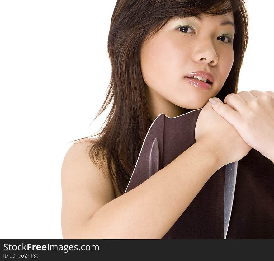 A cute young asian woman with her wakeboard on a white background. A cute young asian woman with her wakeboard on a white background