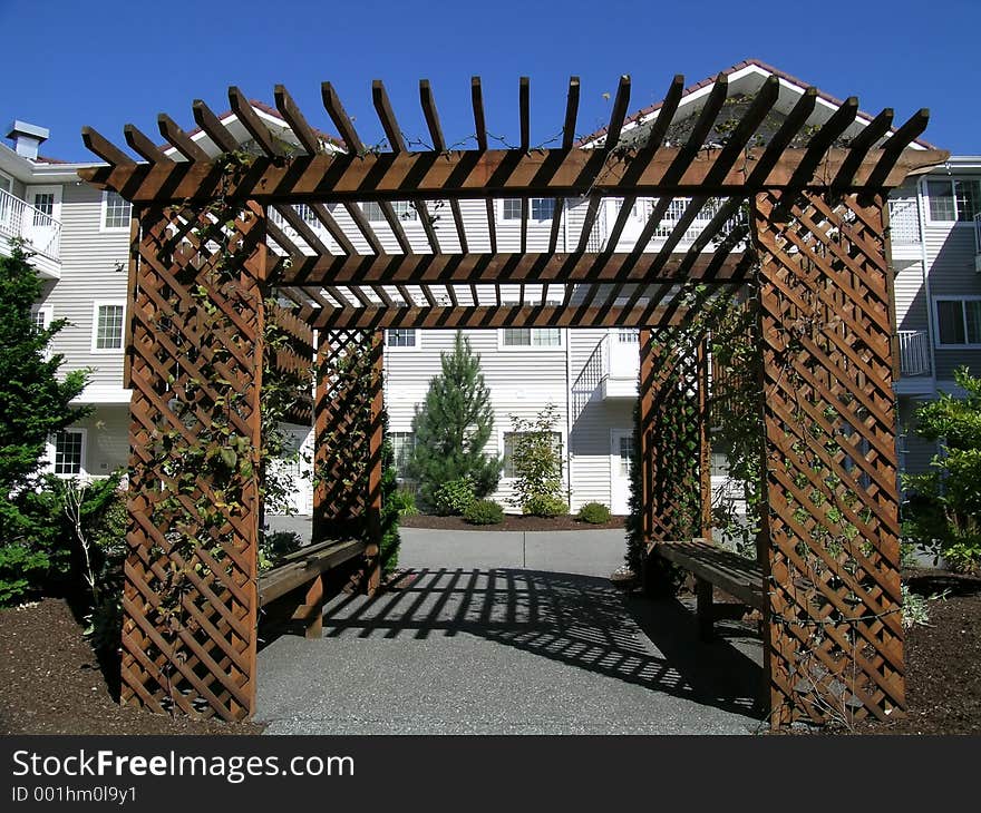 Arbor in the courtyard of a retirement /assisted living home. Arbor in the courtyard of a retirement /assisted living home