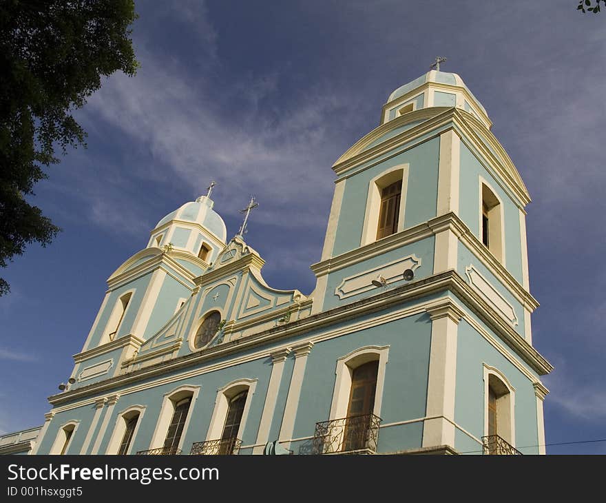 Neoclassical blue church in Santarem - Amazonian city - Brazil