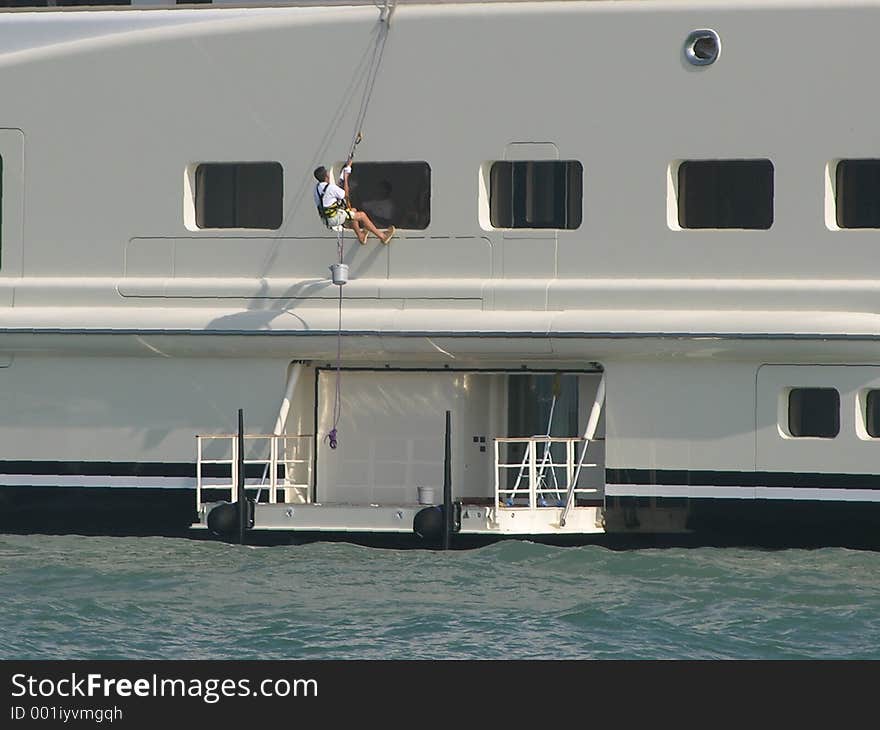 Boat window cleaner dangerous job