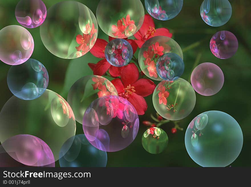 Multicolored bubbles on a little red flower background. Multicolored bubbles on a little red flower background