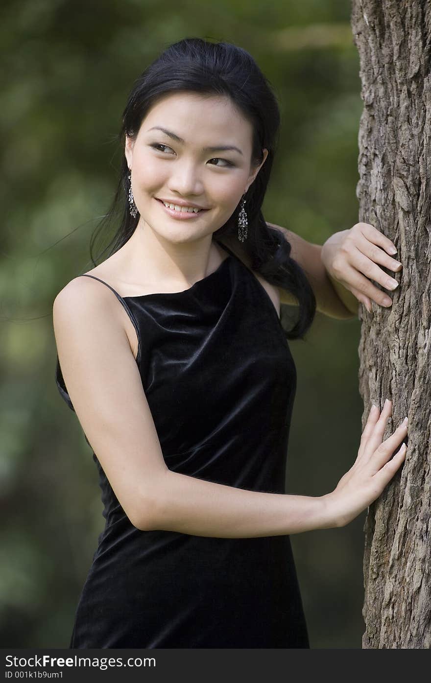 A beautiful young asian woman poses in a black evening dress next to a tree. A beautiful young asian woman poses in a black evening dress next to a tree