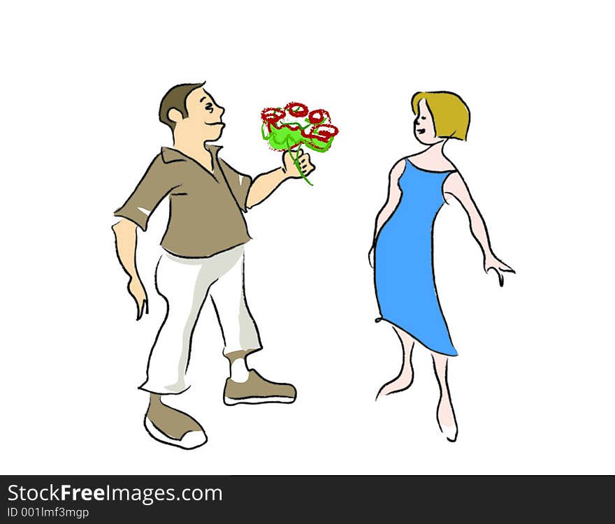 Illustration of a man handling flowers to a younge woman. Illustration of a man handling flowers to a younge woman