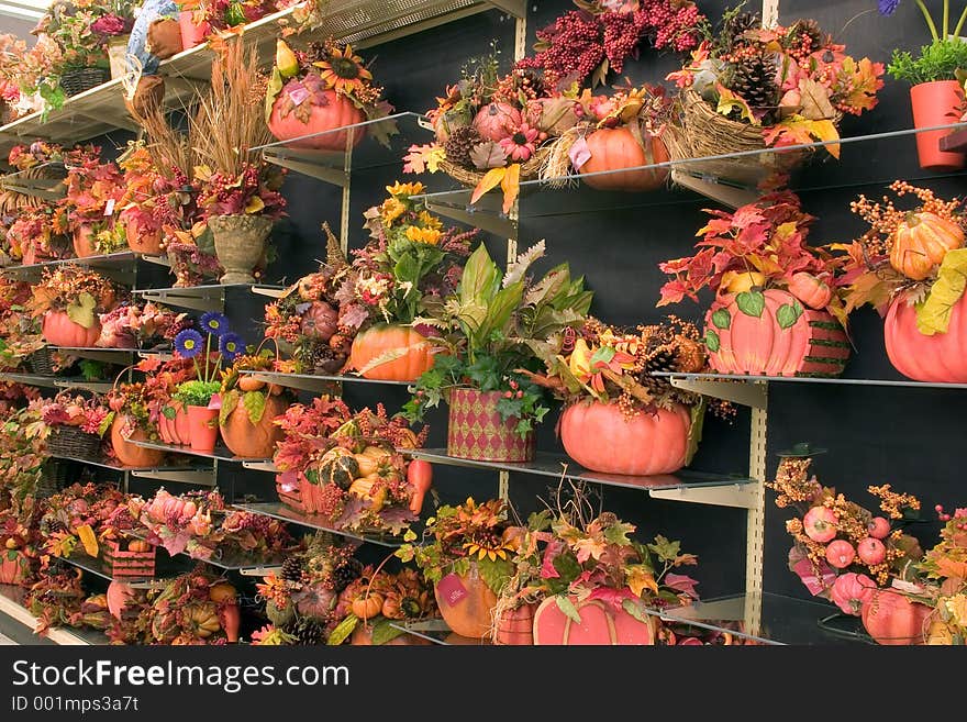 A display of fall decorations for sale. A display of fall decorations for sale