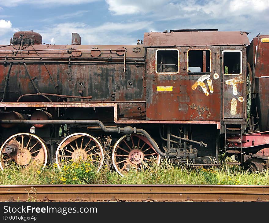 Steam locomotive wreck. Steam locomotive wreck