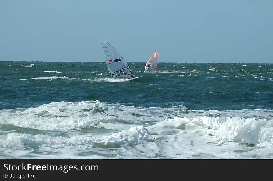 Windsurfers in the north sea. Windsurfers in the north sea