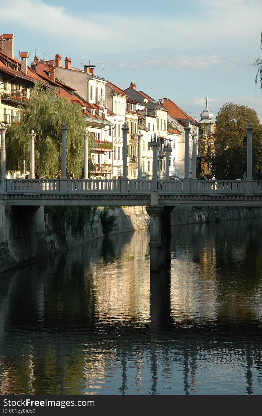 European houses along river. European houses along river