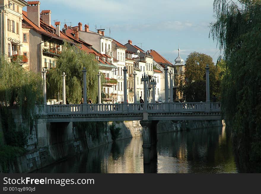 European bridge over river and tower. European bridge over river and tower.