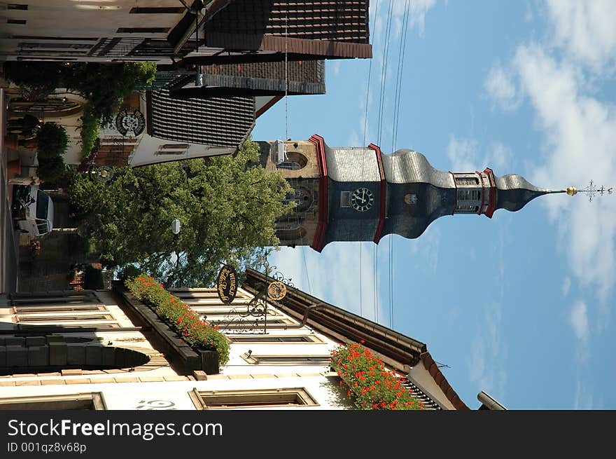 Church tower and street in Kallstadt, Germany