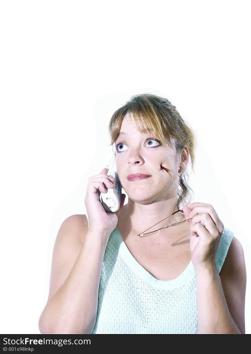 Isolated woman on phone thinking. Isolated woman on phone thinking