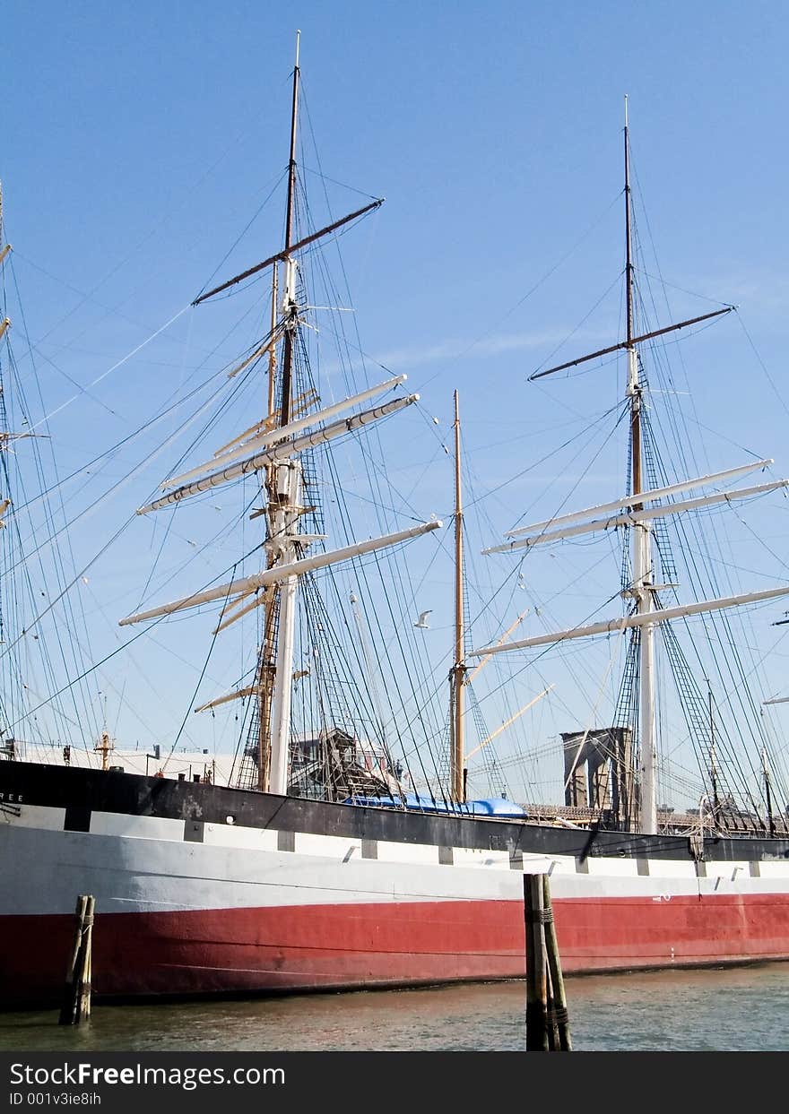 This is a shot of a tall ship docked near the Fulton Street Fish Market in lower Manhattan.