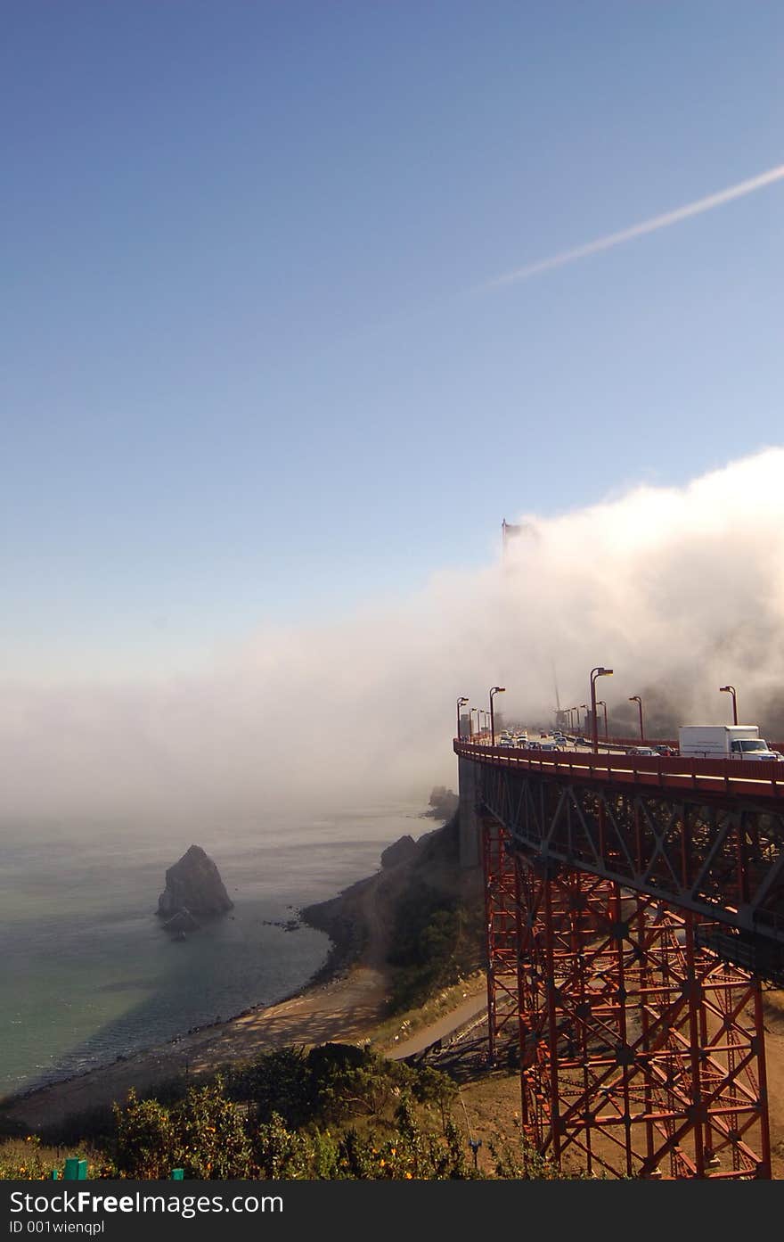 The Famous Golden Gate bridge in California enshrouded in the famous San Francisco fog.