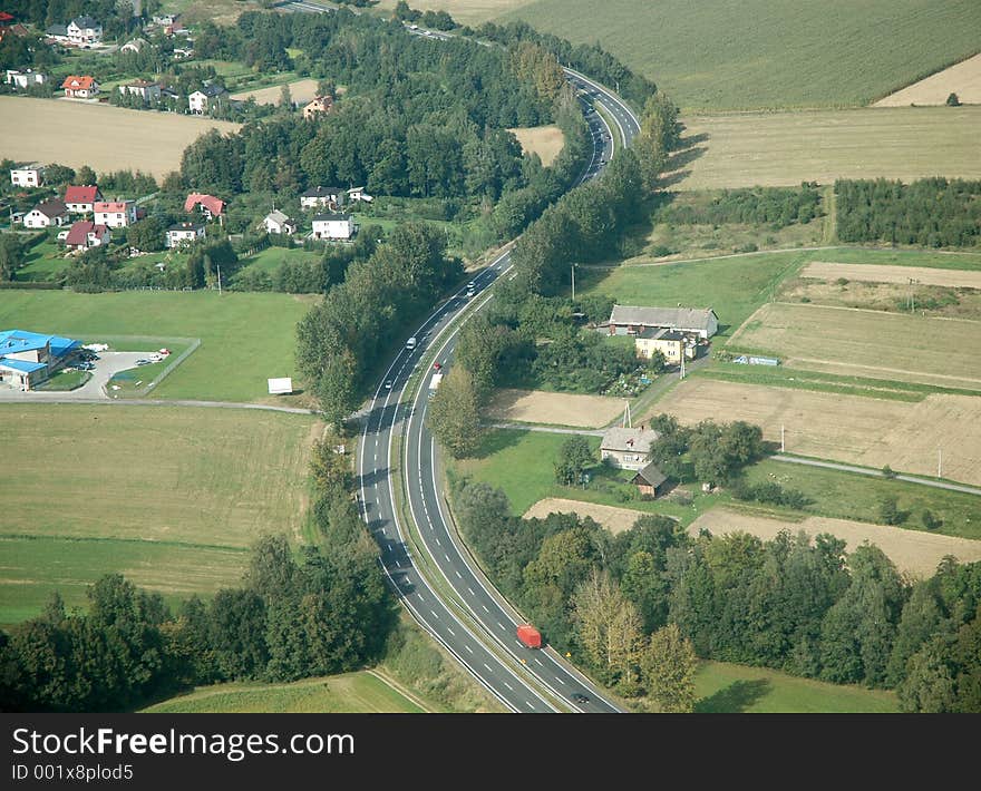 Aerial photo of motorway, looking like reverted S. Technological symmetry. Aerial photo of motorway, looking like reverted S. Technological symmetry