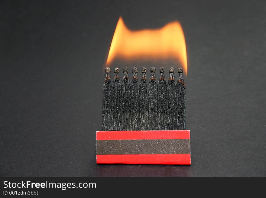 A box of burning matches on balck background