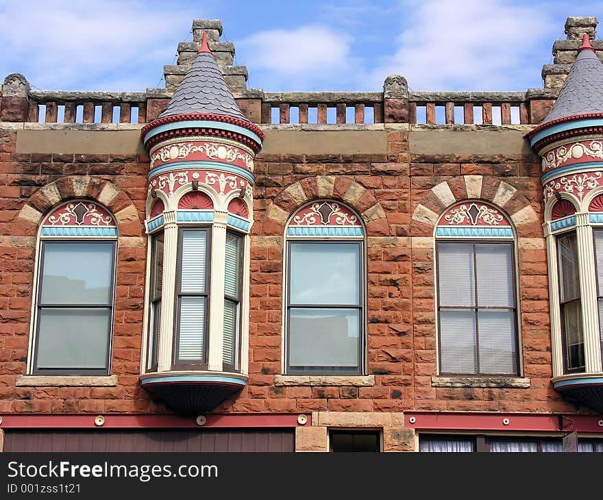 Gingerbread architecture, featuring native sandstone, decorates many of the turn of the century buildings in historic downtown Guthrie, Oklahoma. Gingerbread architecture, featuring native sandstone, decorates many of the turn of the century buildings in historic downtown Guthrie, Oklahoma.